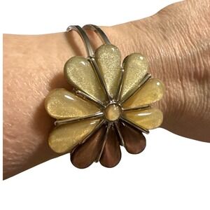 New York & Company Flower Cuff Bracelet Silver Tone Gold Brown Resin Floral NWT